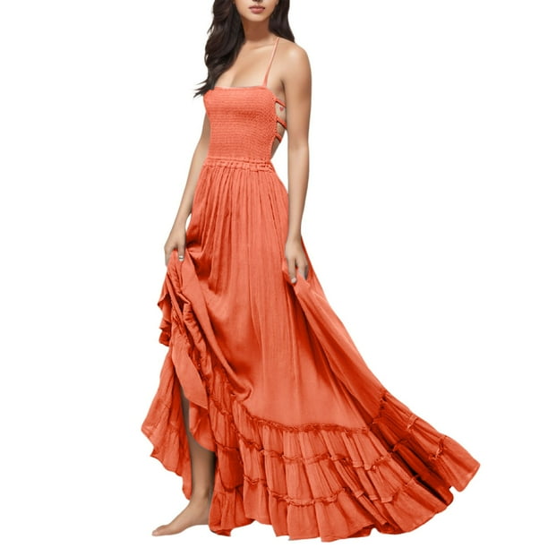 Gibobby Vestido Causal para Mujer de Verano Maxivestidos con fruncido para mujer Verano 2024 Sexy Flowy Beach Long Backless Slip Dress(Rosa,M)