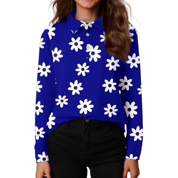 CCRFTGI Polo Shirts for Child Girls Size 7 School Uniform Floral Print Shirt Golf Tennis Pique Collared Polos Casual Long Sleeve 2026 Summer T-Shirts Dark Blue 11-12 Years