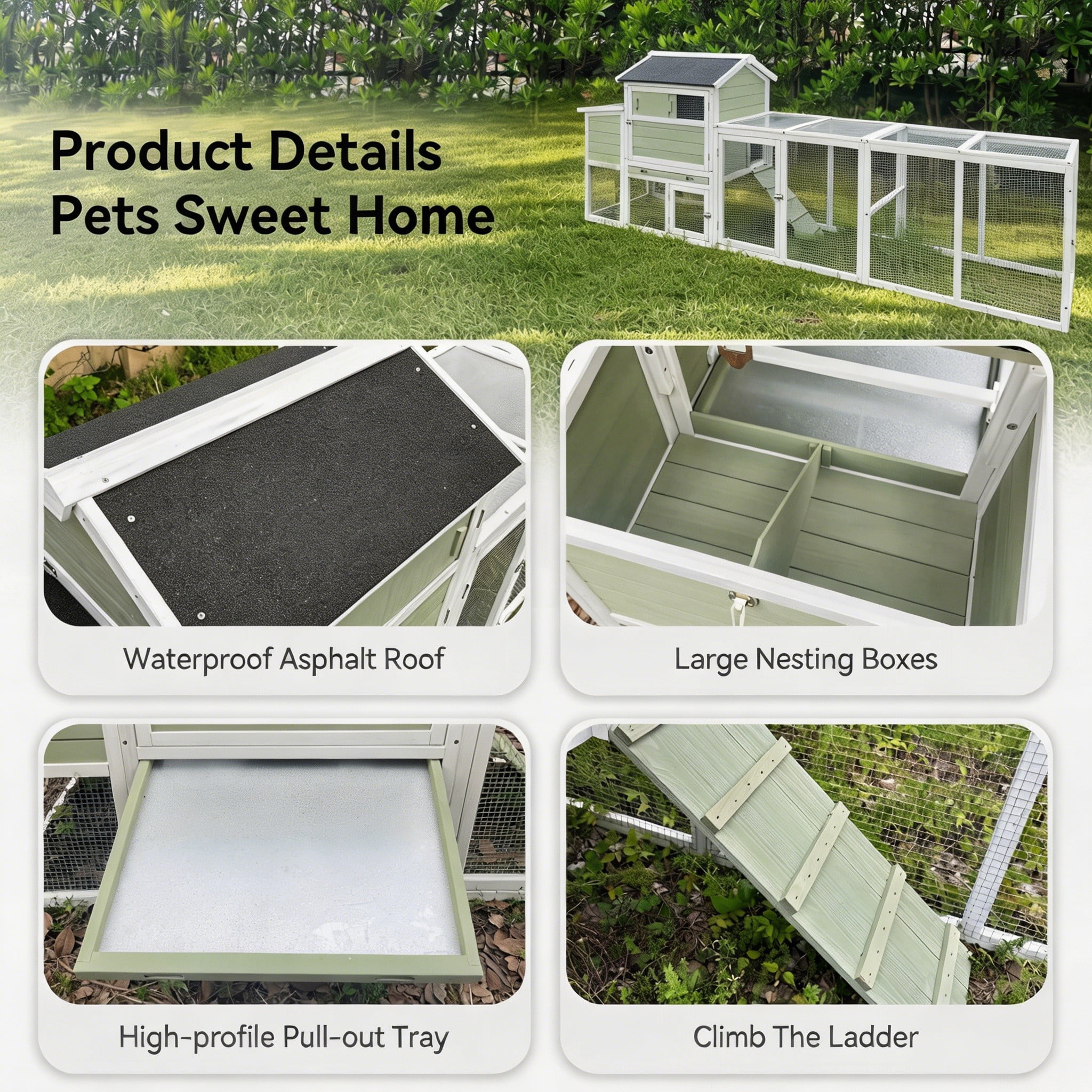 Backyard Chicken Coop with Nesting Box, Weather Resistant Wooden Hen House, Walk-In Run Options, Fits 2-6 Chickens, Green Coop with Run