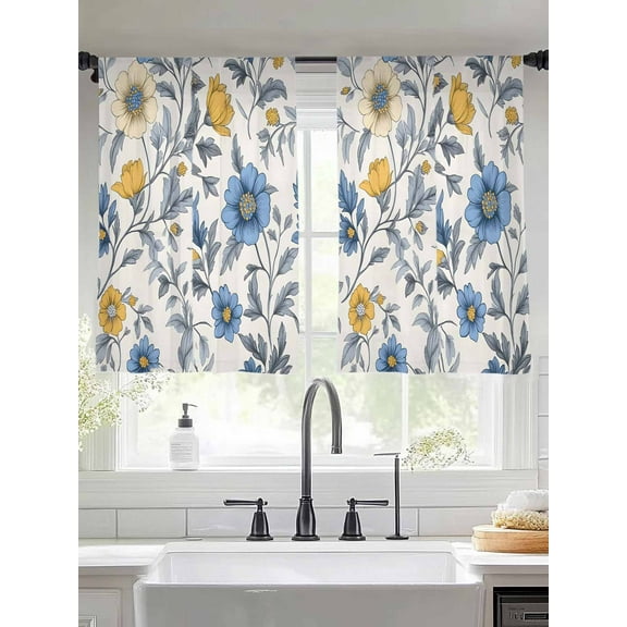 Abstract Flower Sheer Curtains 54 Inches Long 2 Panels Vintage Blue Yellow Floral Light Filtering Semi Sheer Window Curtains Drapes for Bedroom Living Room 52"x54"