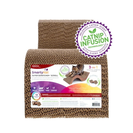 SmartyKat Super Scratcher & Scroll, Wide Corrugated Cat Scratcher for Indoor Cat & Kittens, Catnip Infusion Technology, Recycled Material, Brown
