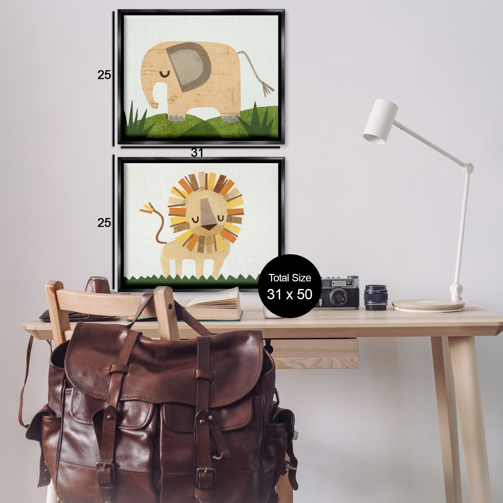 Stupell Industries Adorable Cozy Elephant & Lion Animals Painting Black Floater Framed Canvas Art Print Wall Art, 31 x 25, Set of 2
