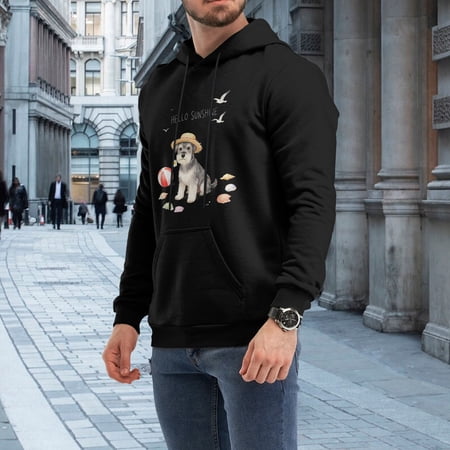 Men Cute Hello Sunshine Summer Straw Hat Schnauzer Beach Seashell Graphic Pullover Hoodie Pet Dog Summer Vacation Casual 230g Black Hoodie