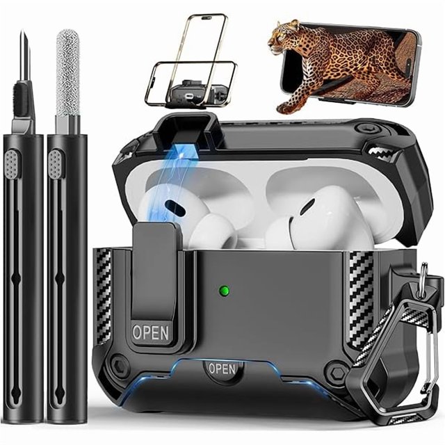 wonima44 for AirPods Pro 2 Generation Case with Phone Stand,Full Drop Protection Automatic Snap Switch Design with Cleaner Kit for iPod Pro Charging (USB-C/Lightning Cable)-Balck