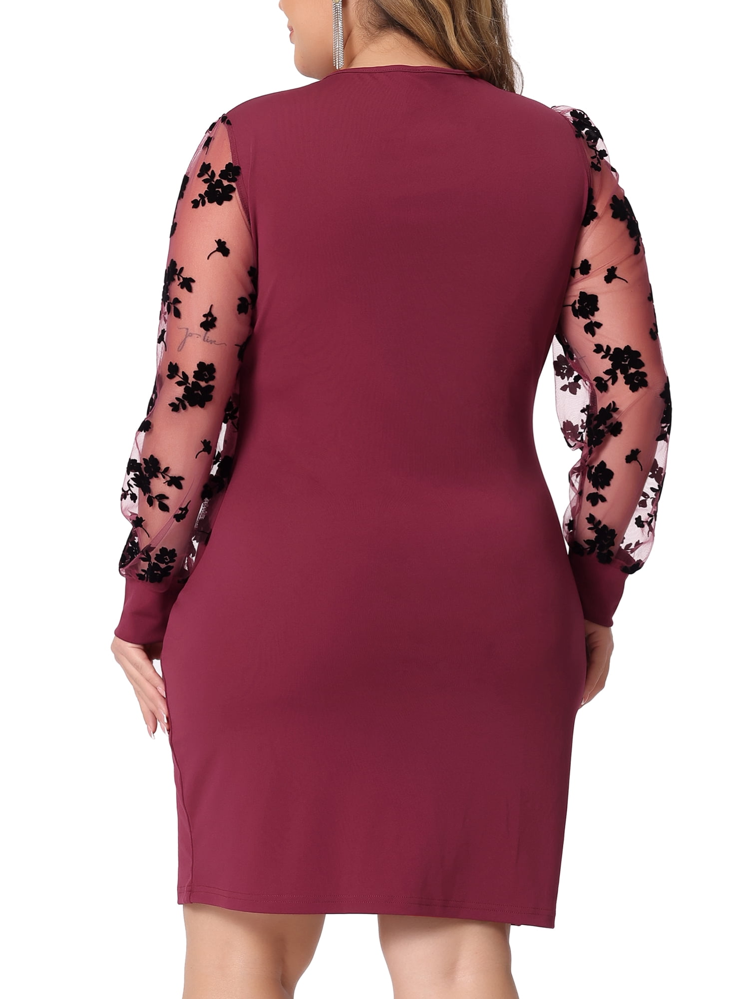DARING DIVAPlus Size Deep V Neck Faux Wrap Sheer Long Sleeve Midi Dress 4X Burgundy