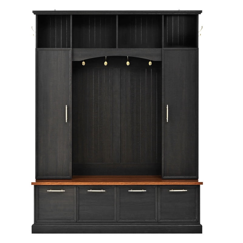 76.7''H Tall Hall Tree with Golden Hooks & Handles, Entryway Large Shoe Storage Bench with Cabinets & Adjustable Shelves