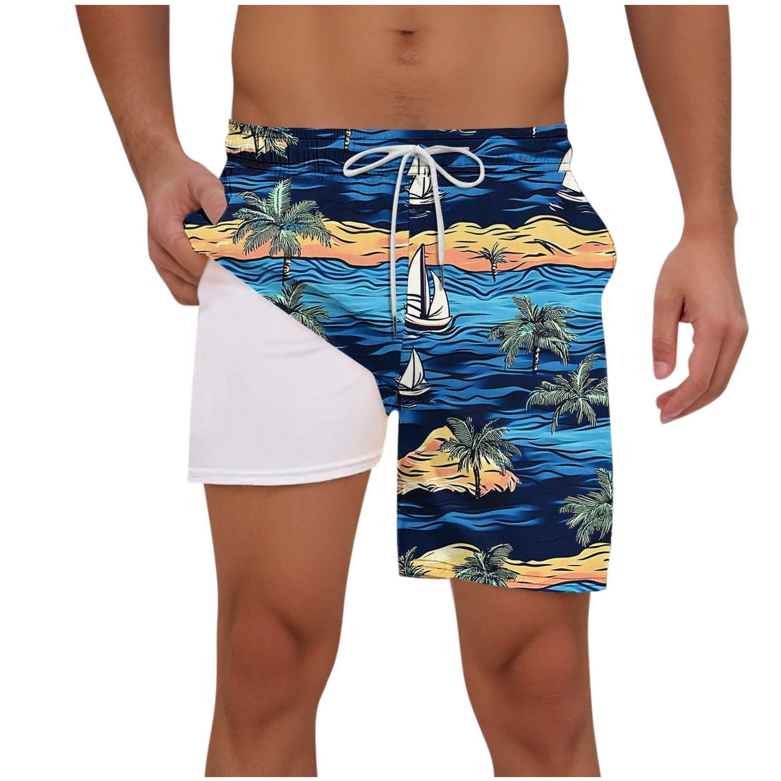 Timoontee Men Beach Shorts Stretchy Elastic Waist Functional Side Pockets for Summer Wear Easy Care Machine Washable Blue L