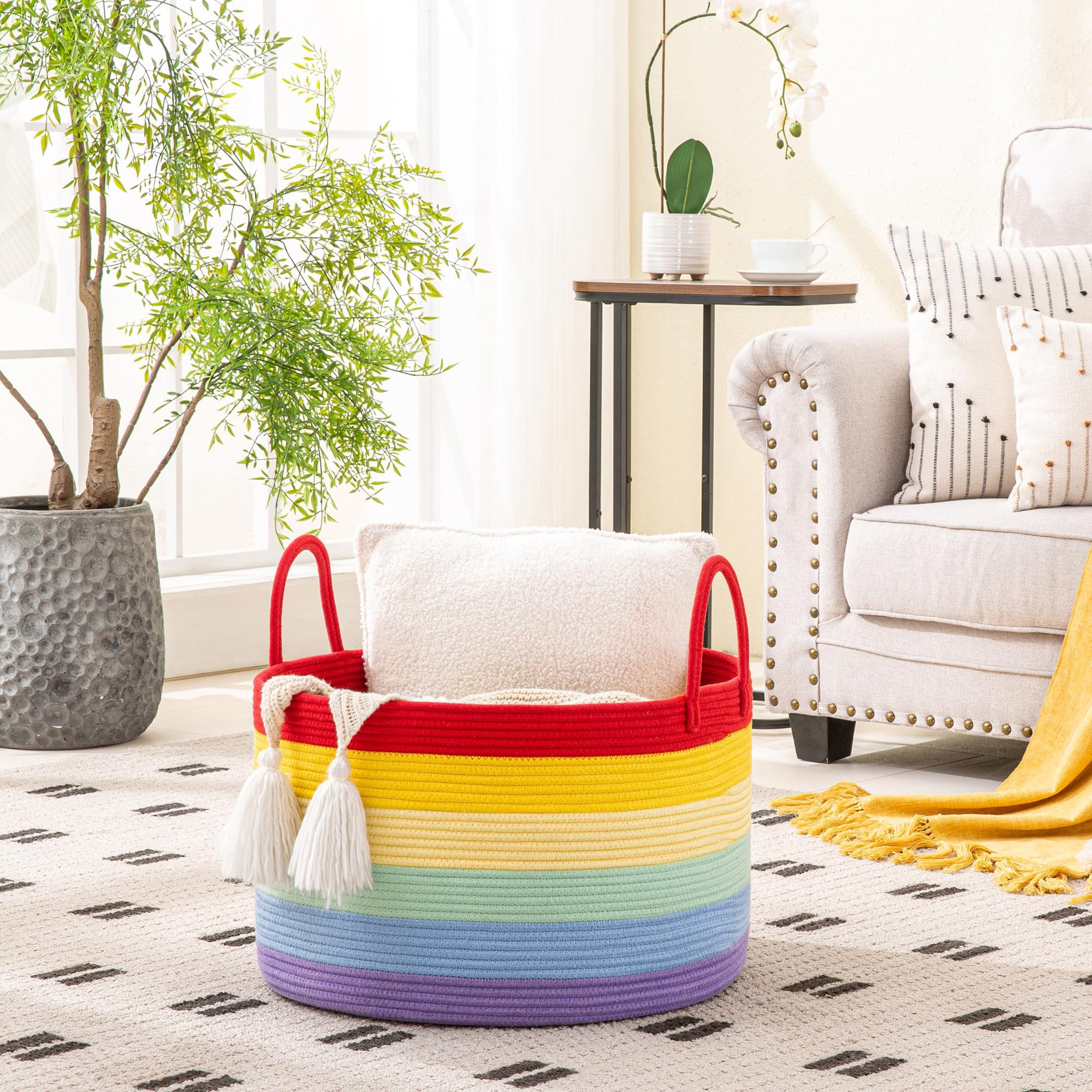 Large Blanket Basket (20"x13"),Woven Baskets for storage Baby Laundry Hamper, Cotton Rope Blanket Basket