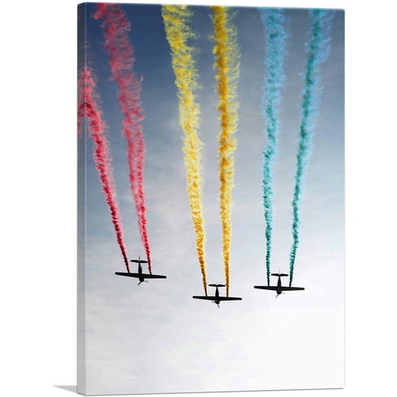 ARTCANVAS Fighter Jet Plane Aircrafts Colored Smoke Formation Canvas Art Print - Size: 26" x 18" (1.50" Deep)