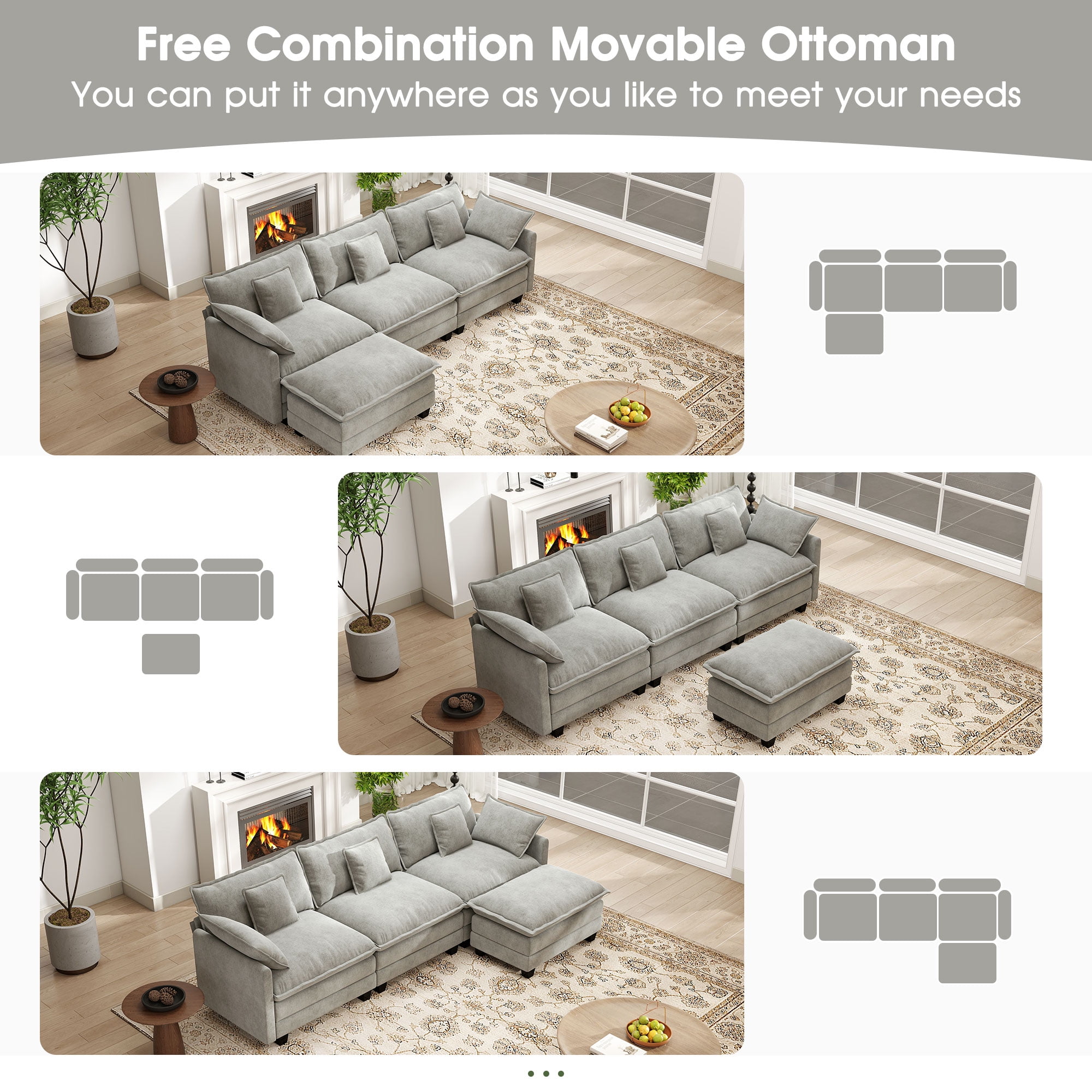 BedLuxury 111.5'' Modular Sectional Sofa with Movable Ottoman, L Shaped Cloud Couch for Living Room, 3-Seat, Grey