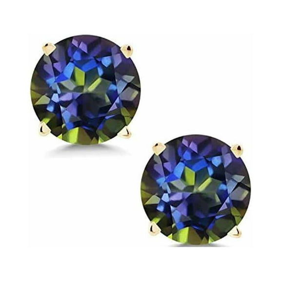 Paris Jewelry 14k Yellow Gold Round Created Mystic Sapphire Stud Earrings 6MM plated