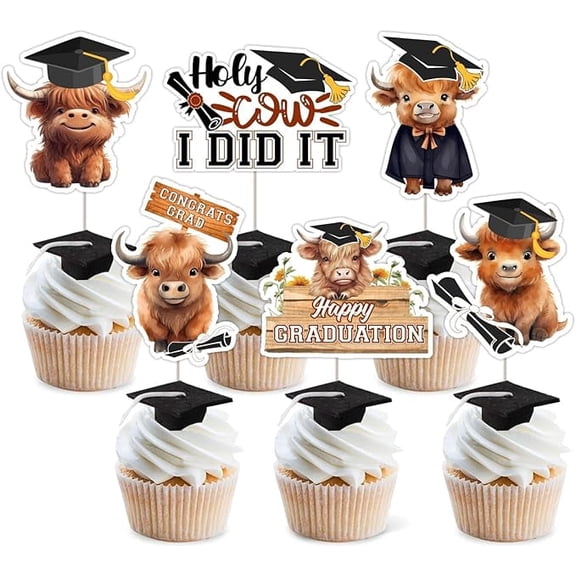 24 Pcs Highland Cow Graduation Cupcake Toppers - Brown Holy Cow I Graduated Decorations, Double Sided Farm Animal Cow Themed Graduation Cake Decor for Class of 2026 Congrats Grad Party