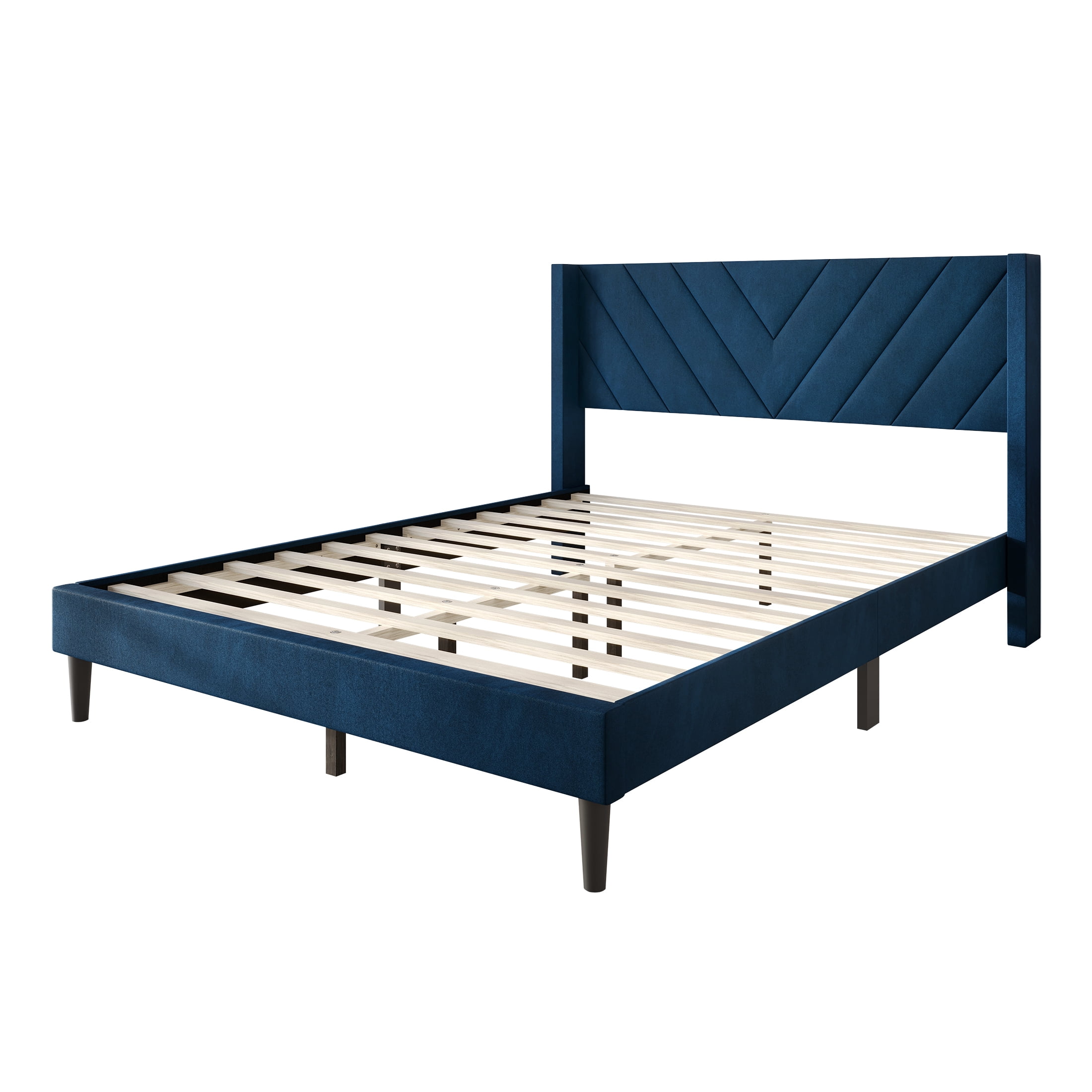 Castle Place Sophisticated Wingback Velvet Upholstered Full Platform Bed, Navy Blue
