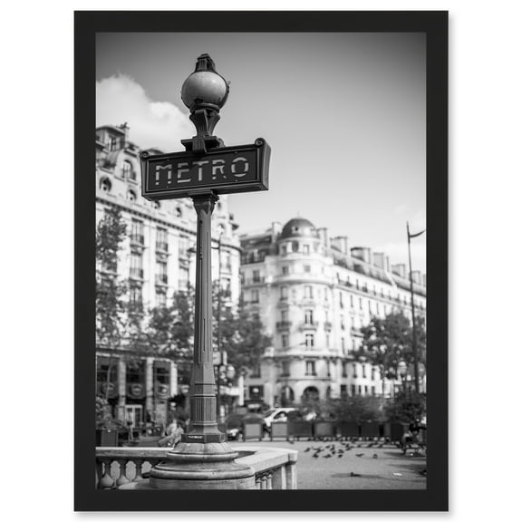 Photo Landmark Classic Metro Sign Paris France Subway Black White Artwork Framed Wall Art Print A4