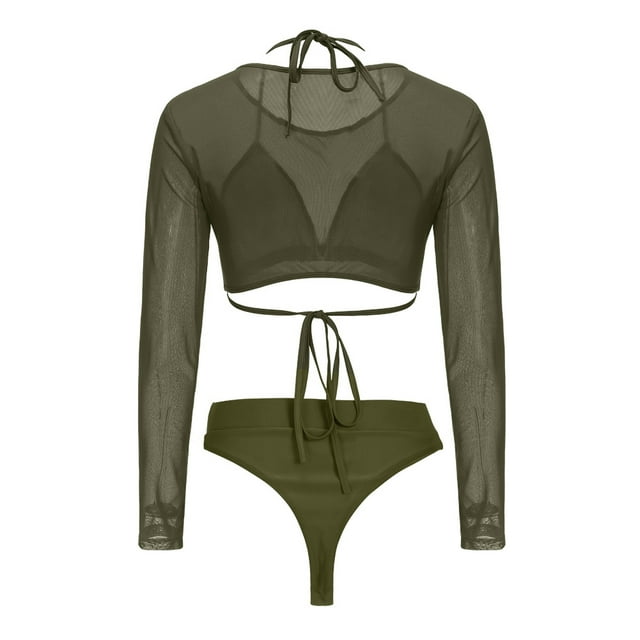 Fortune Ensemble de Bikini Taille Haute 3 Pcs pour Femmes avec Couverture en Maille