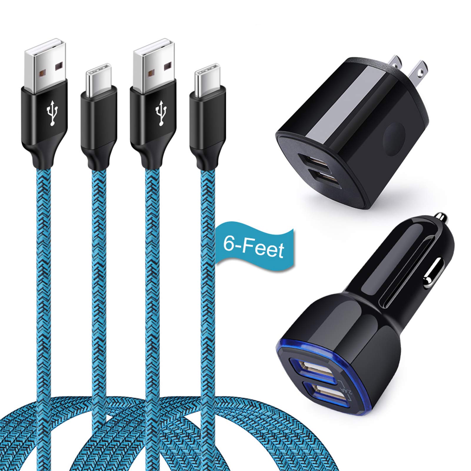 Dual USB Car Charger, Wall Plug with 2 Pack Type C Cable for Samsung