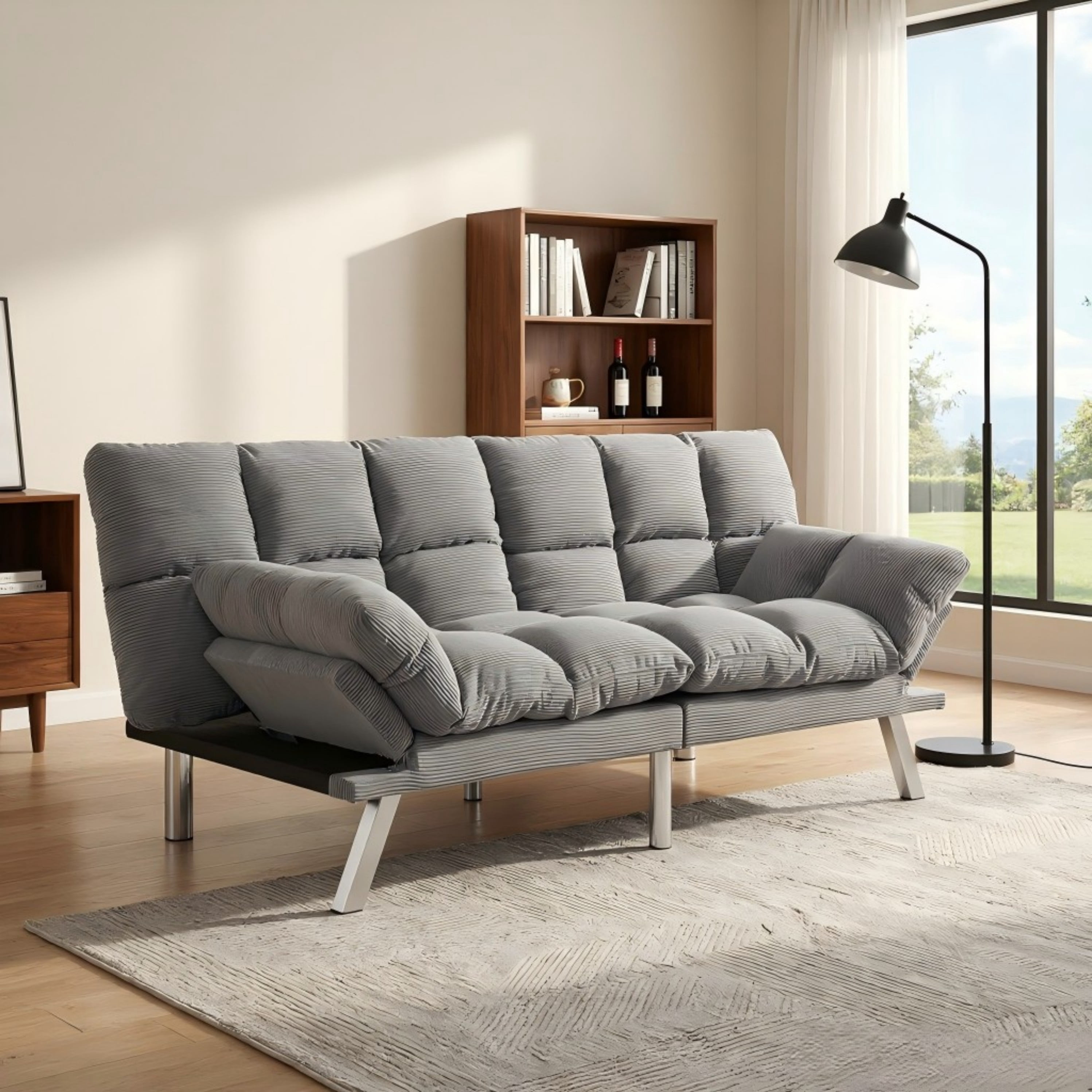 BSHTI 67.3" Futon Sofa Bed, Corduroy 3 in 1 Convertible Sofa Bed with Adjustable Backrest, Split-Back Design, Loveseat Sofabed for Living Room, Office, Guest Room, Light Gray