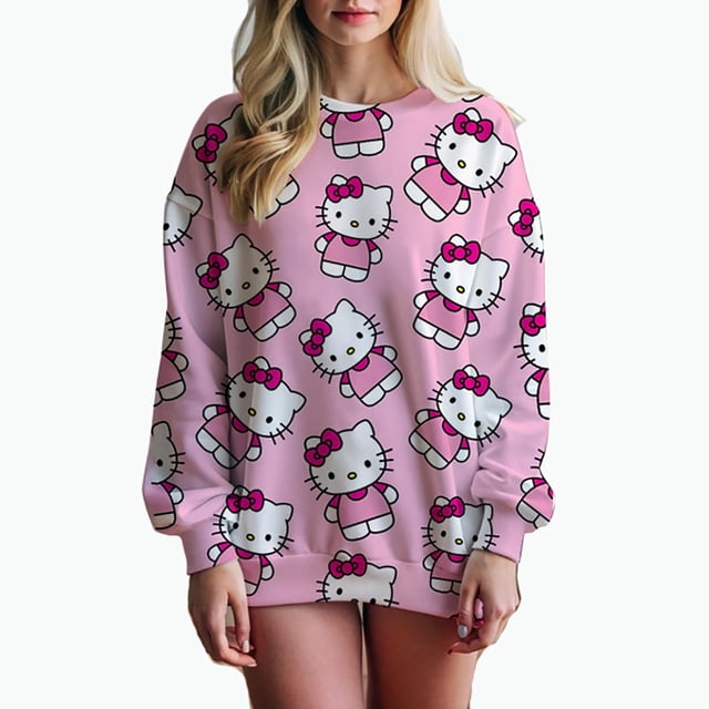 Sudadera con estampado de gran tamaño para mujer, sudadera holgada de estilo anime de otoño 2024, sudaderas con capucha de alta calidad con estampado de Hello Kitty para niña