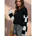 thumbnail image 3 of Womens Casual Checkered Color Block Sweaters Crew Neck Long Sleeve Cropped Knit Pullover Black XL, 3 of 8