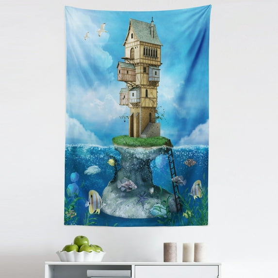 Cartoon Tapestry, Fantasy Fisherman House Underwater Life Fishes Coral Cloudy Sky, Fabric Wall Hanging Decor for Bedroom Living Room Dorm, 5 Sizes, Blue Brown Green, by Ambesonne
