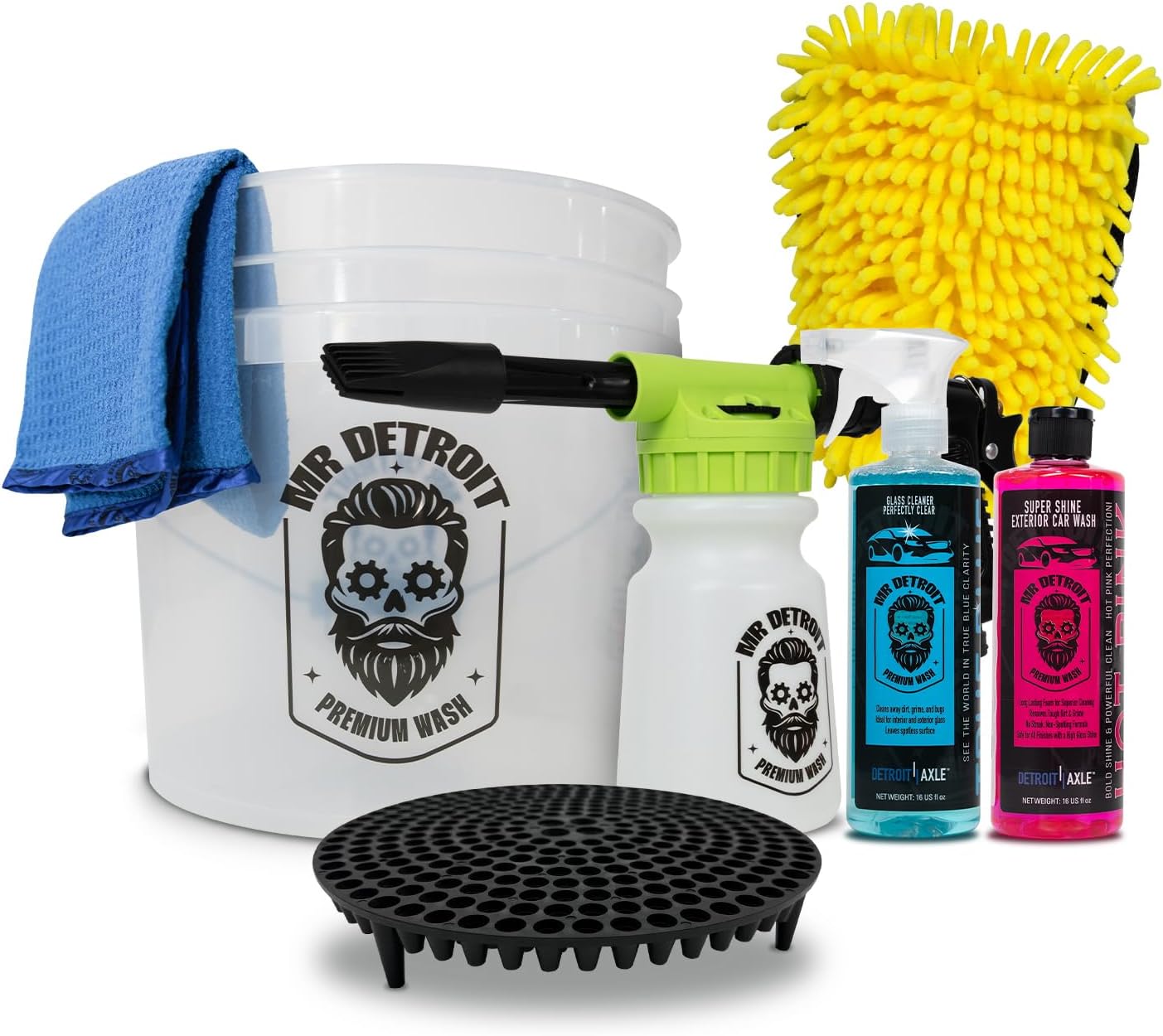 Mr. Detroit - 14pc Car Wash Kit with Foam Blaster, Bucket and Filter, Car Cleaners, Towels, Wash Glove, Brush, Sponge Pad, Exterior and Interior Detailing for Vehicles