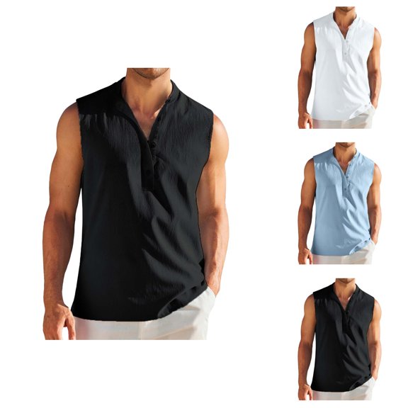 Tank Tops Men Summer Casual Lightweight Breathable Band Collar Sleeveless Shirt Relaxed Fit Beach Vacation Shirts