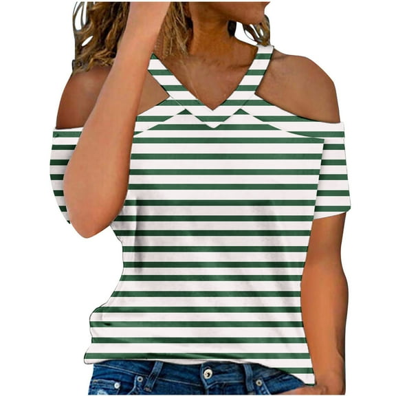 Staron Summer Tops for Women Off Shoulder Striped Print V Neck Short Sleeve Casual Loose Vacation Beach Party Shirt, Green M