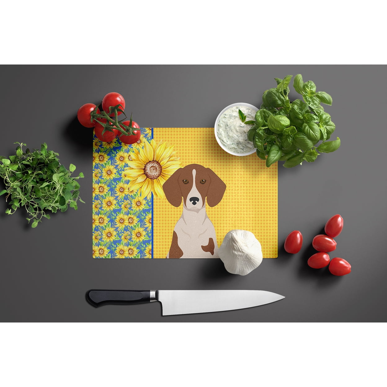 Carolines Treasures WDK5393LCB 15 x 12 in. Summer Sunflowers Red Piebald Dachshund Glass Large Cutting Board