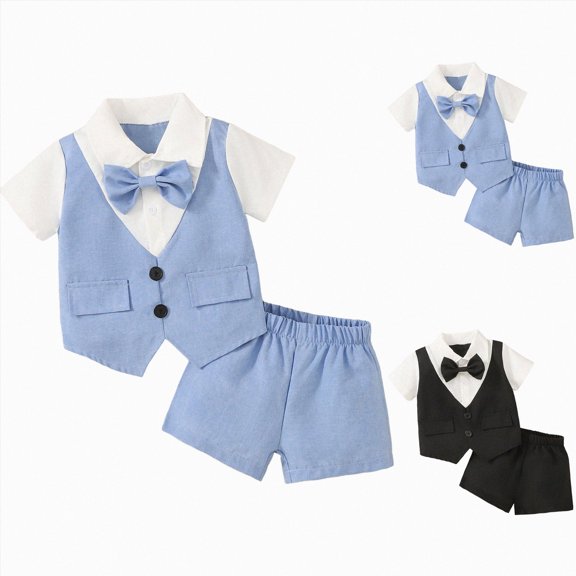 Gubotare Toddler Baby Boys Formal Suit Set with Dress Shirt Bowtie Vest Pants 4-Piece Gentleman Wedding Tuxedo Outfits (Black, 12-18 Months)