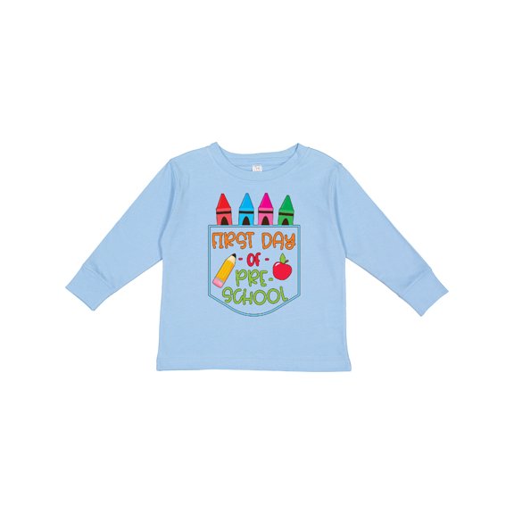Inktastic 1st Day of Preschool Crayons and Apple Back to School Boys or Girls Long Sleeve Toddler T-Shirt