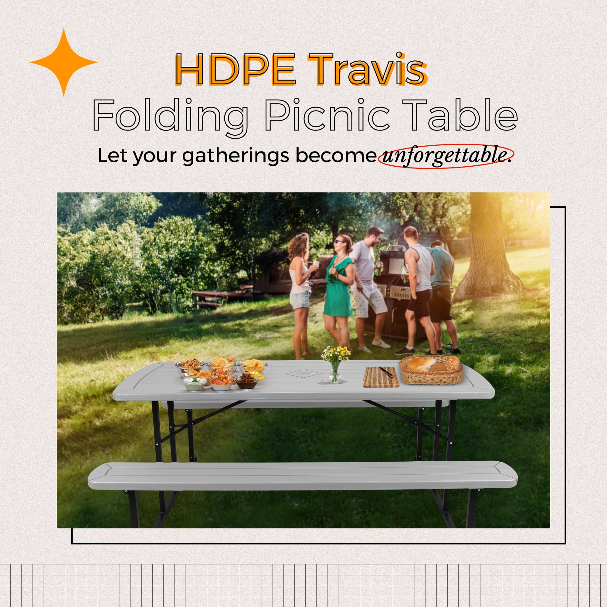Hampden Furnishings Travis Collection Folding Picnic Table with Built-in Benches, UV-Resistant, Sturdy Outdoor Table with Umbrella Hole, Grey