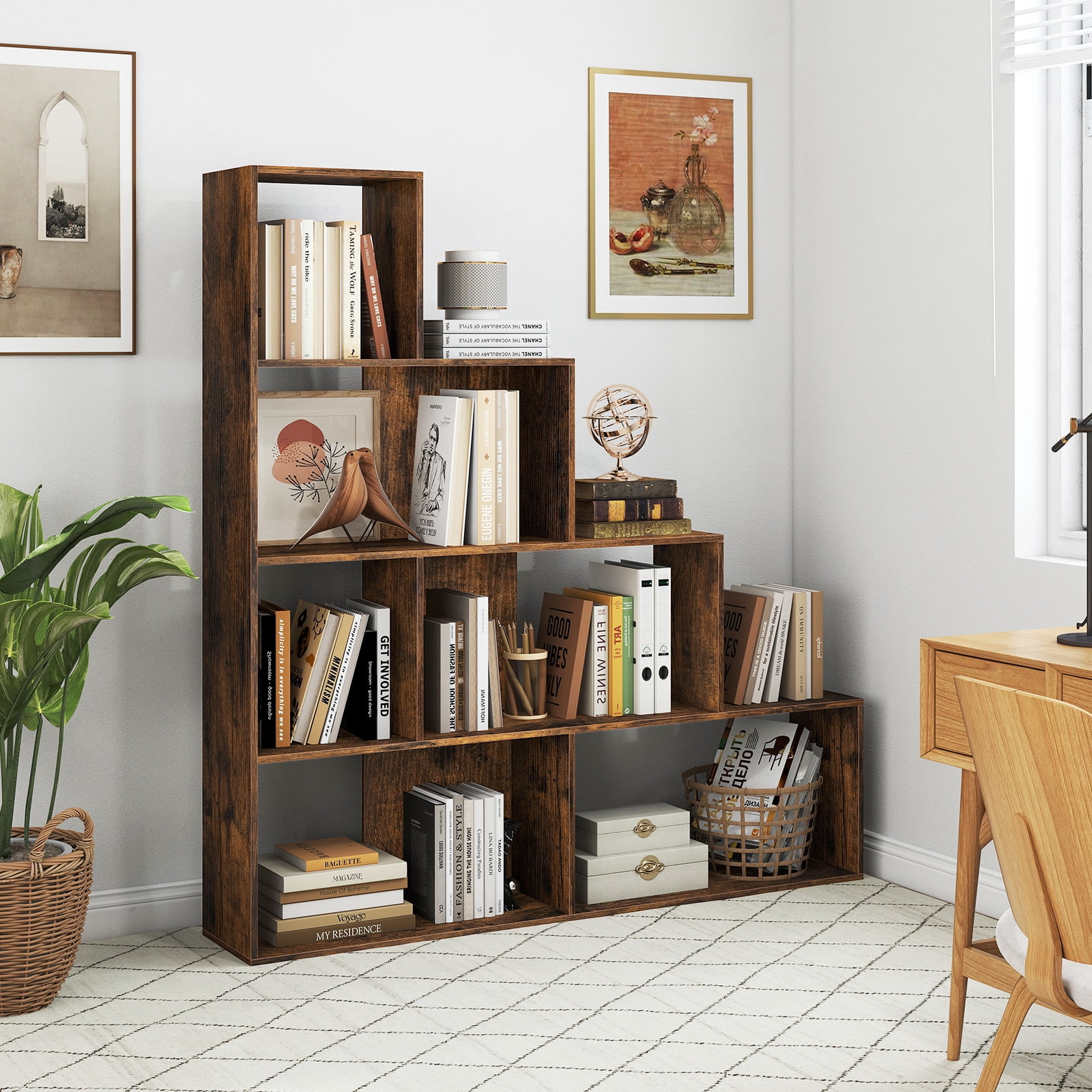 Costway 4-Tier Stepped Bookshelf with 6 Cubes, 64” Tall Organizer with Anti-Tipping Kits Rustic Brown