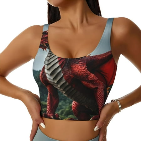 Adobk Majestic Red Dragon Print Sports Bras for Women Longline Workout Crop Tank Tops Padded with Built in Shelf Padded Sports Bra-X-Large