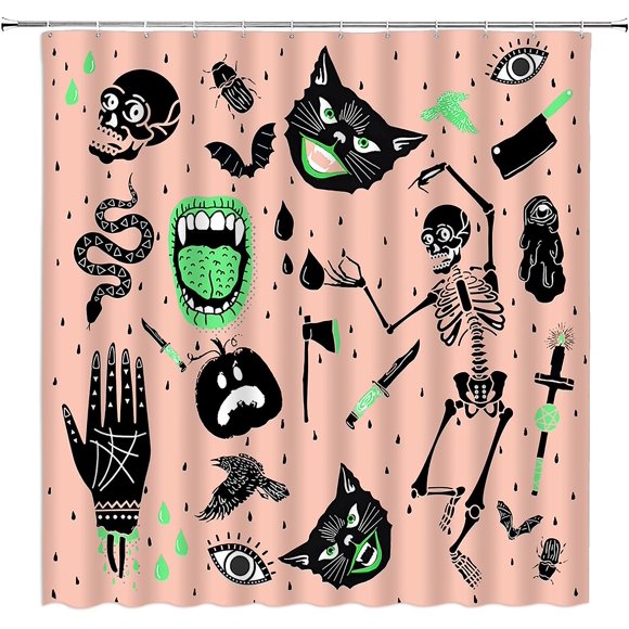 AIR-Halloween Shower Curtain Spooky Alchemy Witchy Skull Skeleton Cat Pumpkin Palmistry Gothic Boho Magic Ouija Board Black Green Pink Bathroom Home Curtain with Hooks,70" Wx70 H