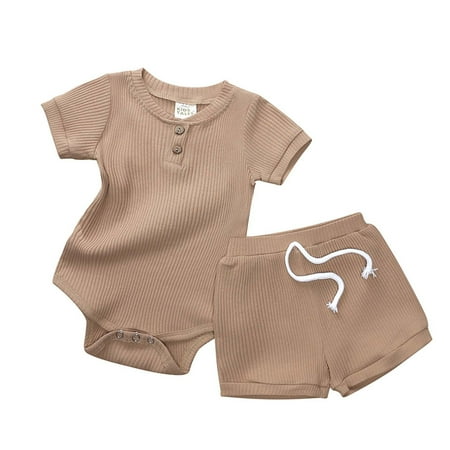 

YWDJ Womens Pajamas Casual Baby Boy Clothes Set Toddler Girl Cotton Short Sleeve Tops Shorts Outfits Coffee 3-6M