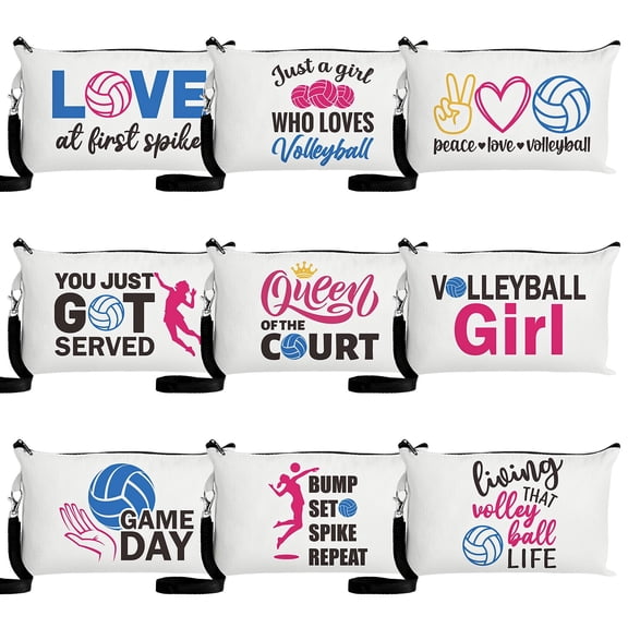 9 Pieces Canvas Cosmetic Bags for Travel , Waterproof Makeup Bags with Zipper for Volleyball Women , White,9pack