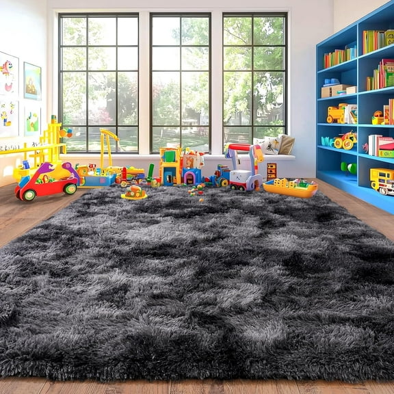 Shaggy Area Rugs, Fuzzy Rugs for Living Room, Soft Nursery Area Rug for Girls, Tie Dye Black Gray Plush Area Rugs Non Slip, Fluffy Rug Carpet 8x10ft