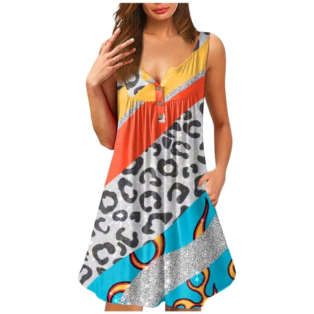 LSLJS Robes d'Été pour Femmes 2024 Col Rond Imprimé Sans Manches Tunique Robes Grande Taille T-Shirt Robes
