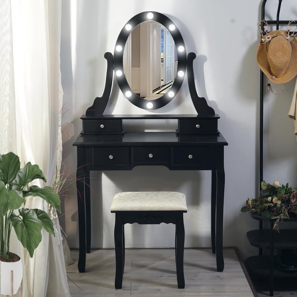 Negra moderno girls makeup vanity set lighted mirror cushioned stool 5 cajones para dormitorio-ideal para para para niños y women