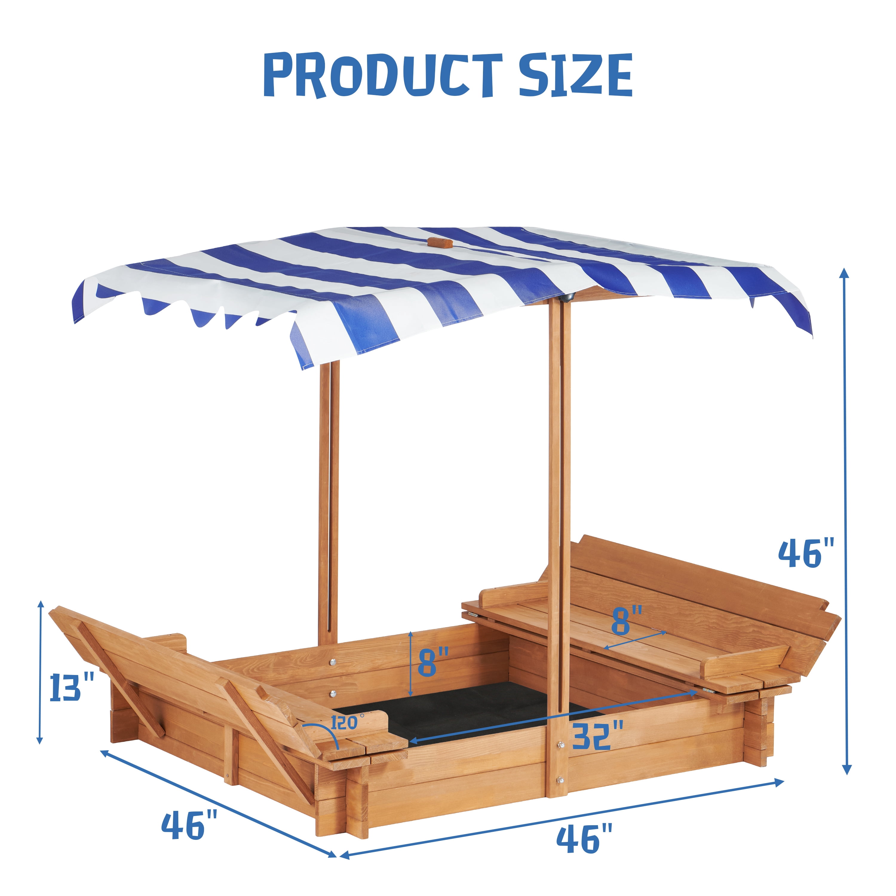 Kids Sandbox with Adjustable Canopy, 46'' Wooden Sand Box with 2 Foldable Bench Seats, Outdoor Cedar Sandpit for Backyard Play