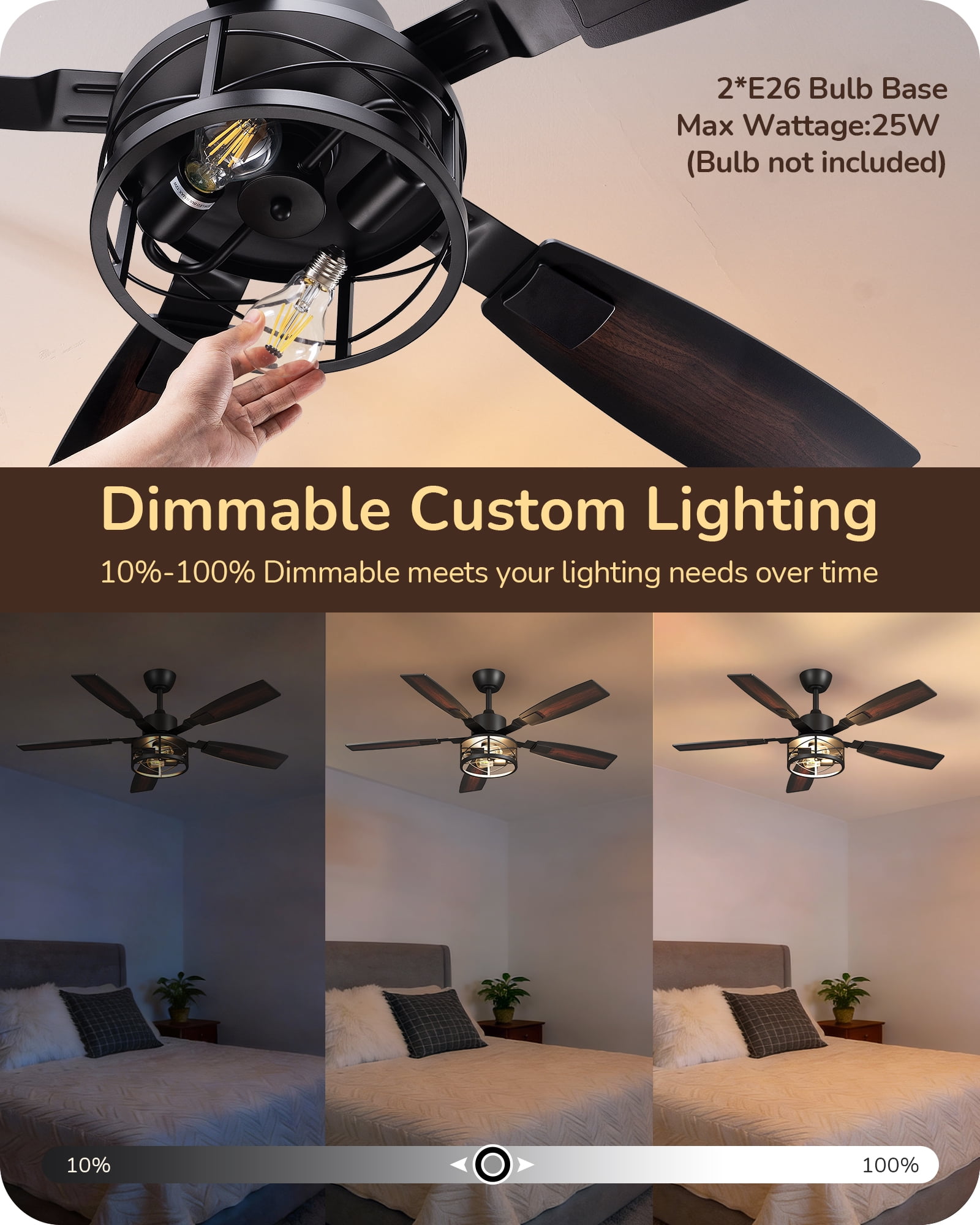 EDISHINE 52" Farmhouse Ceiling Fan with Light and Remote Control, Brown, 5 Wood Blades, Rustic Farmhouse Ceiling Fan with Light for Living Room, Bedroom, Wet Rated