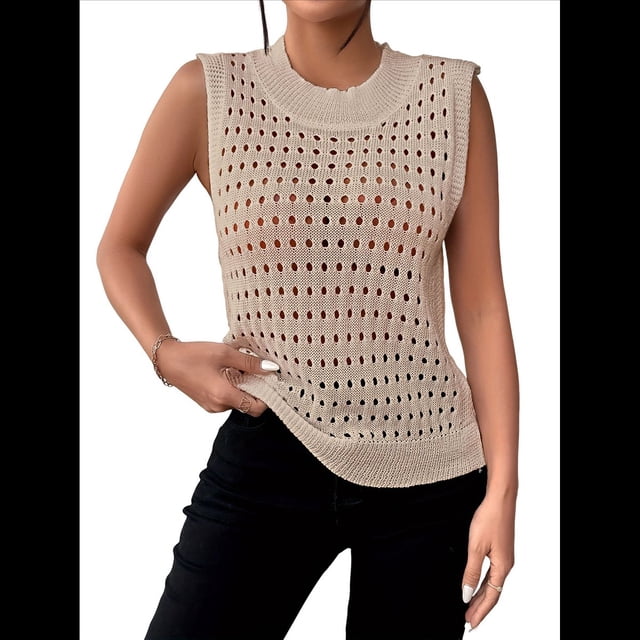 Suéter de Punto de Verano para Mujer, Camiseta Sin Mangas con Cuello Redondo de Crochet, Blusa Informal Sin Mangas con Aberturas Caqui XL
