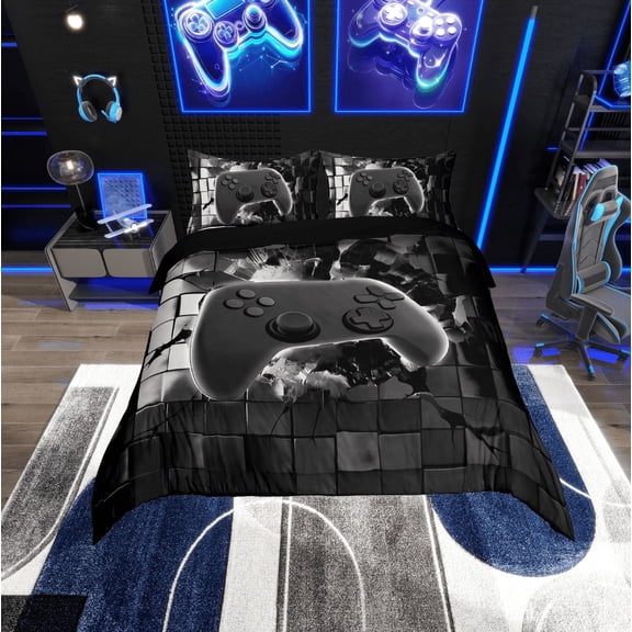 Erosebridal Video Game Comforter Cover Twin,Geometric Plaid Bedding Twin Size,Gradient Gamepads Duvet Cover Twin,Lightweight Buffalo Room Decorative,Reversible,3pcs(No Comforter)