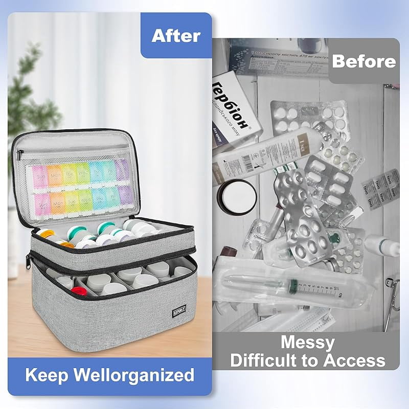 Medicine Storage Bag,Double Layers Pill Bottle Organizer Bag Empty with Lockable Zipper&Adjustable Divider,Medication Travel Carrying Bag for Pills,Vitamins,Medical Supplies
