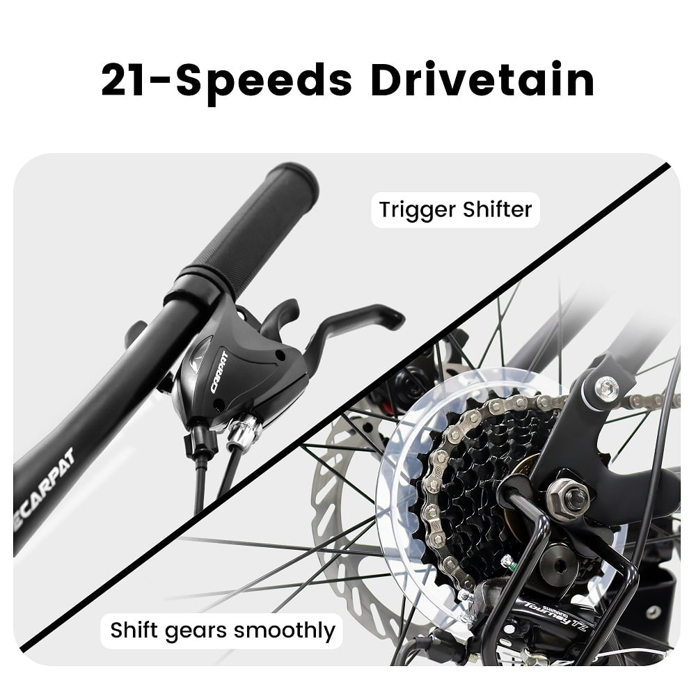 A2460 Mountain Bike 24 Inch Wheels, 21-Speed Full Suspension Mens Womens Trail Commuter City Mountain Bike, High Carbon Steel Frame Disc Brakes Grip Shifter Front Fork Rear Shock Absorber Bicycles