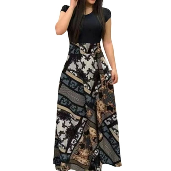 ORQ Women Floral Print Color Matching Short Sleeve Large Swing Long Dress