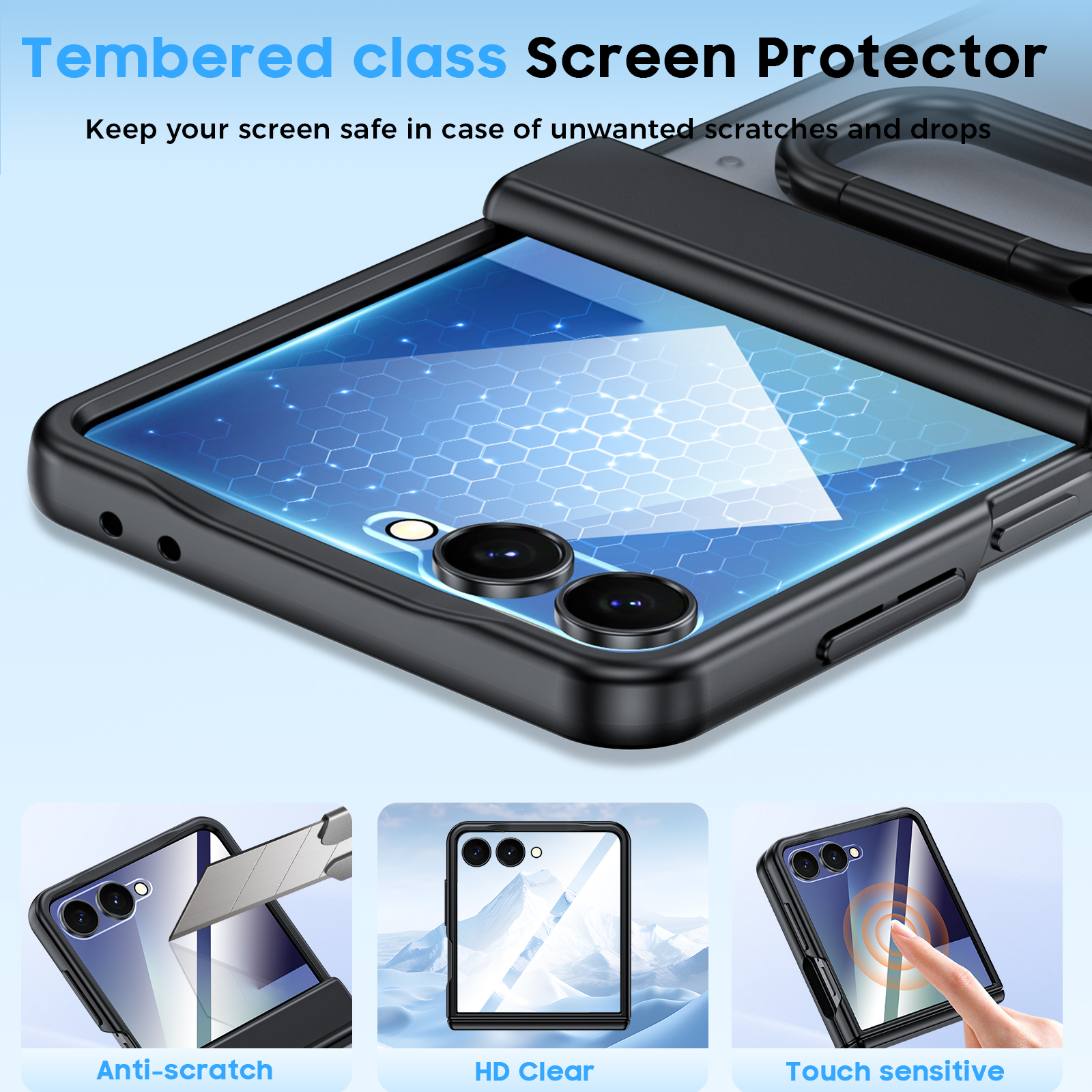 Vizvera for Samsung Galaxy Z Flip 7 Case with Ring Holder & Screen Protector & Hinge Protection,Wireless Charging,Skin Feel Matte PC,Shockproof Phone Case-Black