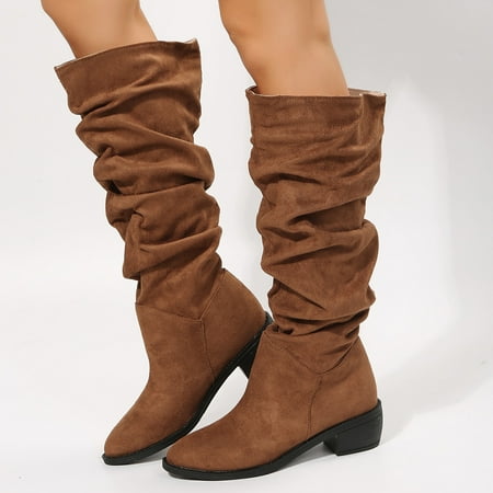 

Ladies Fashion Solid Color Flock Pleated Pointed Toe Thick Heels Casual Long Boots