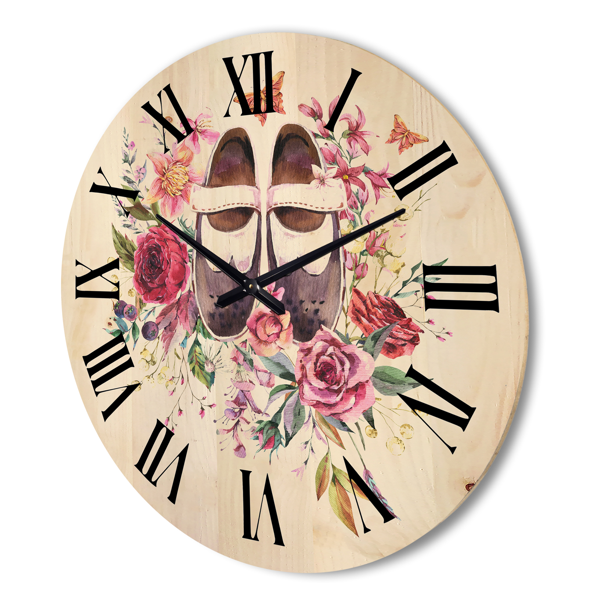 Designart 'Wildflowers With Ancient Oxford Shoes' Farmhouse Wood Wall Clock