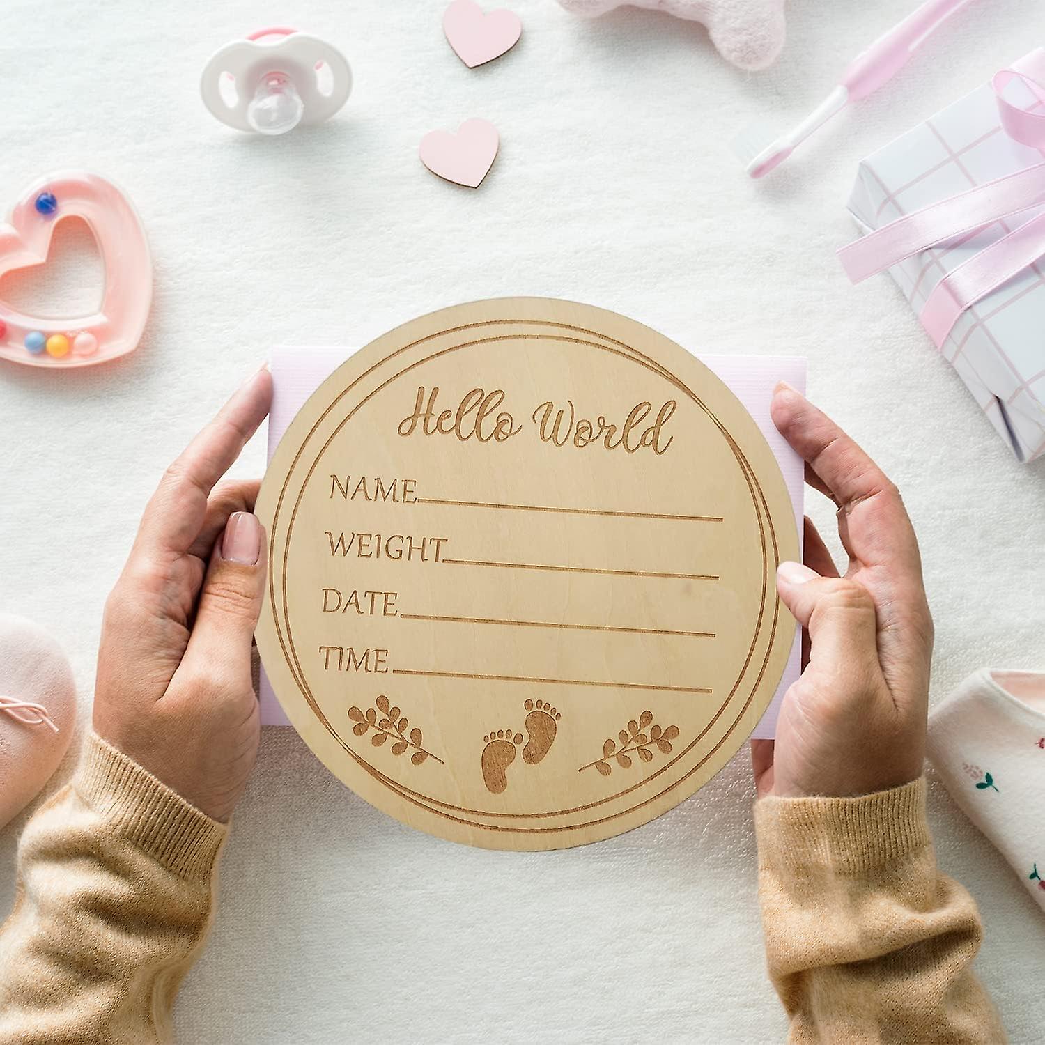 Panneau D'annonce Naissance En Bois "Hello World" - Nœud Rose, Gravure Personnalisable - Décoration Chambre Bébé Ou Baby Shower - 18.8x14cm